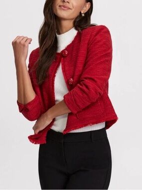 Laura Button Detail Bouclé Cropped Red Textured Jacket SZ.8